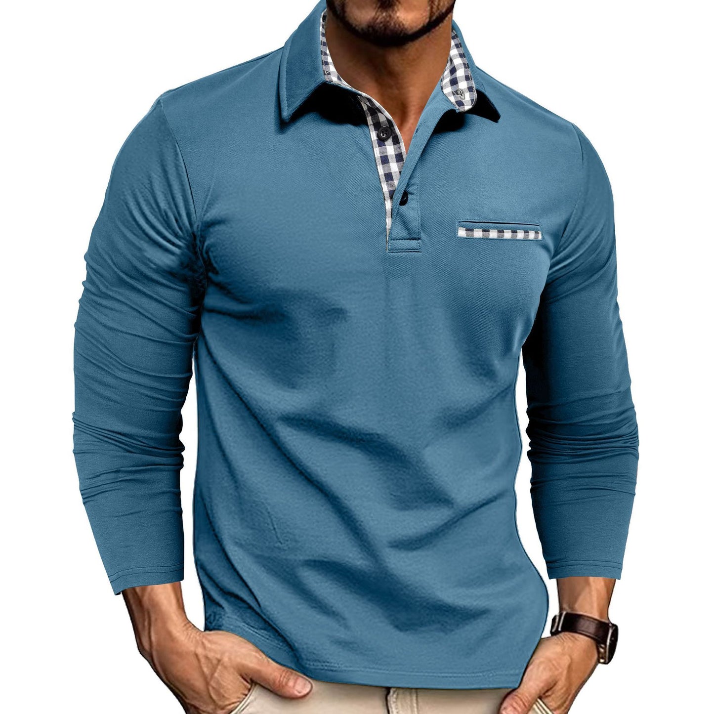 Men's Casual Plaid Polo Shirt - Long Sleeve