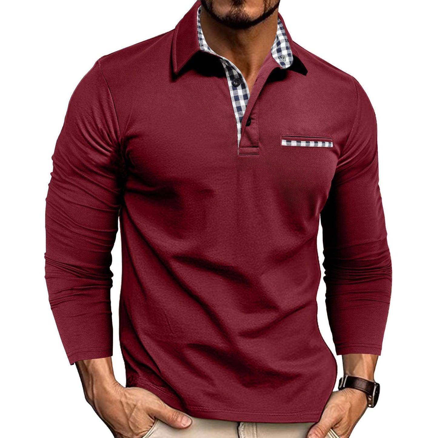 Men's Casual Plaid Polo Shirt - Long Sleeve