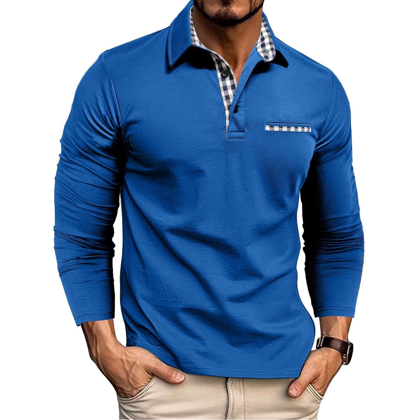 Men's Casual Plaid Polo Shirt - Long Sleeve