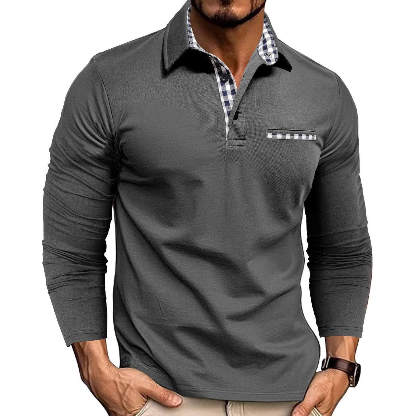 Men's Casual Plaid Polo Shirt - Long Sleeve