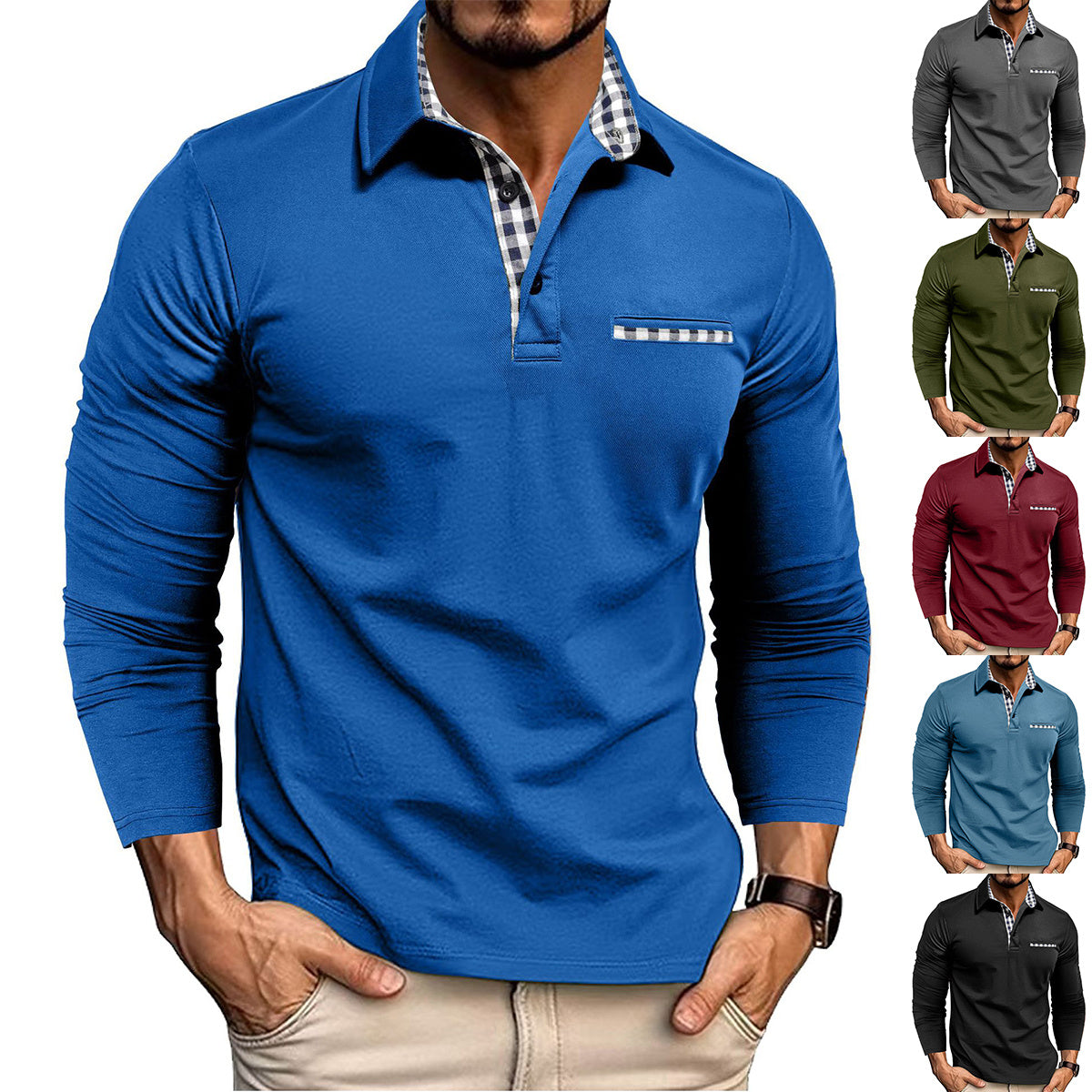 Men's Casual Plaid Polo Shirt - Long Sleeve