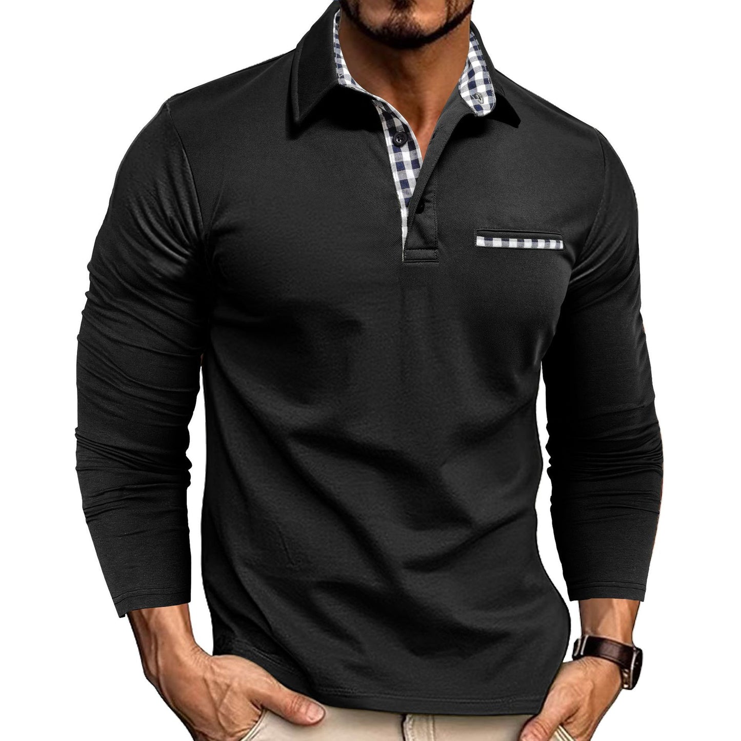 Men's Casual Plaid Polo Shirt - Long Sleeve
