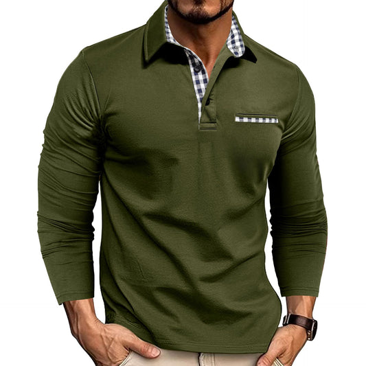 Men's Casual Plaid Polo Shirt - Long Sleeve